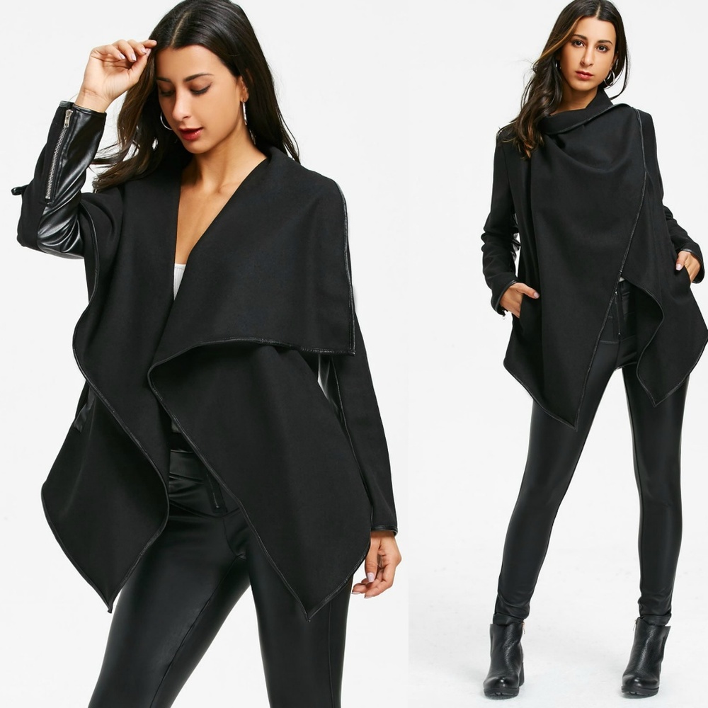 Christine-Leather Trim Wrap Collar Jacket - Picture 1 of 8